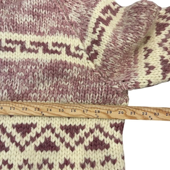 Vintage Cowichan Burgundy Cream Cowl Neck 1/4 Zip Handmade Sweater Kangaroo Pckt - Picture 5 of 12